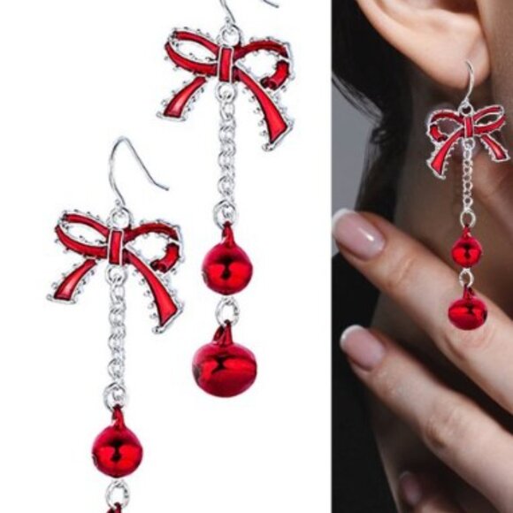 RED BOW KNOT JINGLE TASSELS EARRINGS - Picture 1 of 3